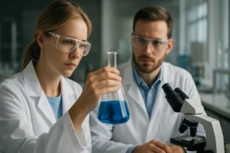 Két kutató laboratóriumban, akik dimetil-szulfidot vizsgálnak.