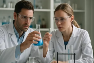 Két tudós laboratóriumban Dimetil-szulfoxid kutatása közben.