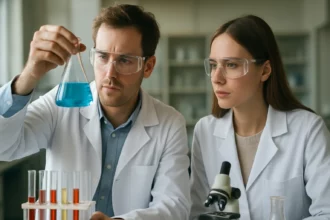 Két tudós a laborban teobrominnal kapcsolatos kísérleten dolgozik.