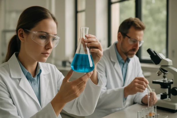 Laboratóriumi kísérlet dimetilformamiddal, vegyszerek és eszközök használata