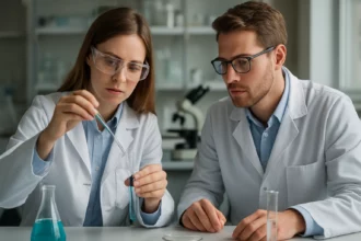 Két tudós laboratóriumban végez kémiai kísérletet nitroglicerin összetevőivel.