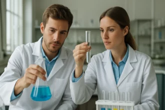 Két kutató laboratóriumban dinátrium-hidrogén-foszfát kísérletet végez.