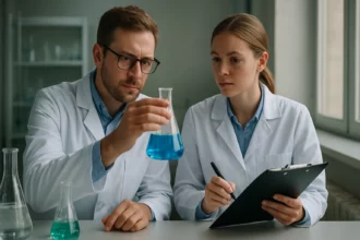 Kémiai kísérlet, ahol a tudósok bóraxot vizsgálnak laboratóriumban.