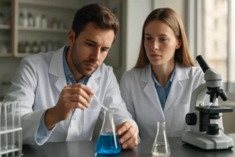 Két kutató laboratóriumban dinátrium-tioszulfáttal kísérletezik.