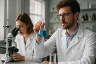 Laboratóriumi kutatás folyamatban, kémikusok színezékeket vizsgálnak.