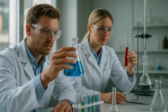 Két kutató laboratóriumi kísérleteket végez dinitrogén-oxid használatával.