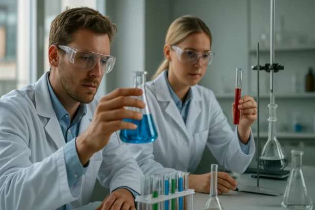 Két kutató laboratóriumi kísérleteket végez dinitrogén-oxid használatával.