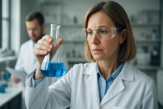 Kutató nő laboratóriumban, alizarin kémiai elemzése során.