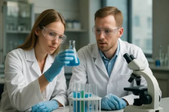 Két tudós laboratóriumban kísérletezik dioxibenzolokkal