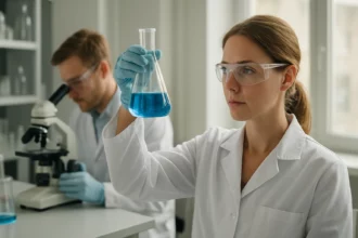 Női tudós kék folyadékkal teli lombikot tart a laborban