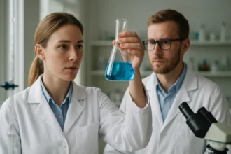 Két tudós laboratóriumban kémcsőben kék oldatot vizsgál.