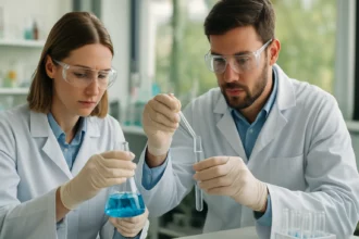 Két laboras kémikus disszolvált gázokkal végzett kísérletet mutat be.