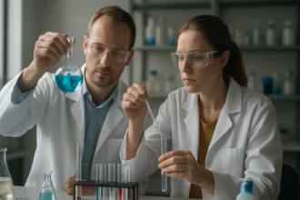 Két kutató laboratóriumi kísérlet közben dihalogenidekről