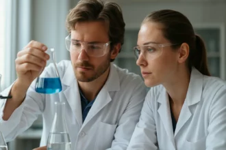 Két tudós, akik a laborban egy üveg kék folyadékot vizsgálják.