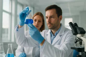 Laboratóriumi kísérlet, kémiai elemzés folyamatban.