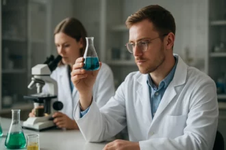 Két tudós laboratóriumban borok kémiai összetevőit vizsgálják