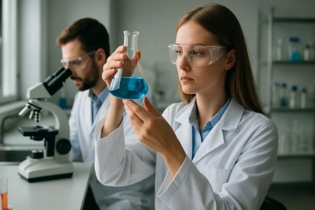 Két tudós laborban kémcsövekkel és mikroszkóppal dolgozik