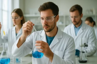 Férfi laboratóriumban diszperziós rendszert vizsgál