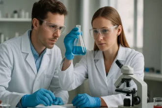 Két tudós laboratóriumi vizsgálatokat végez diszpróziumot tartalmazó anyaggal.