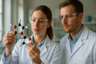 Két kutató disztearil-tartarát molekulát vizsgálva laboratóriumban.