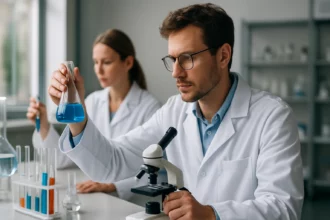 Két kutató laboratóriumban, kémiai kísérletekkel foglalkozva.