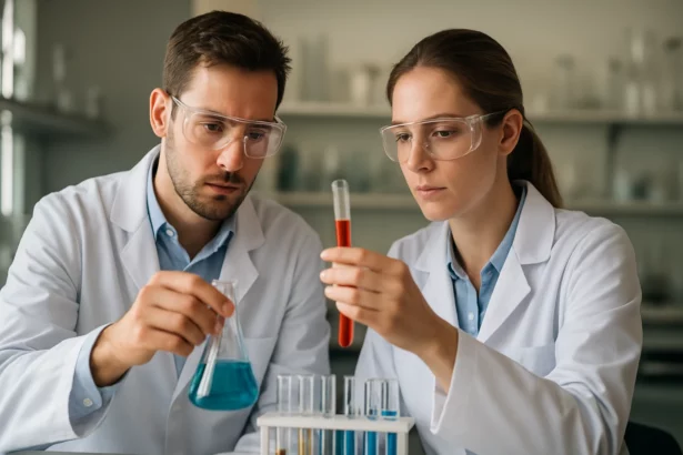 Két kutató laboratóriumban elemzi a kémiai anyagokat.