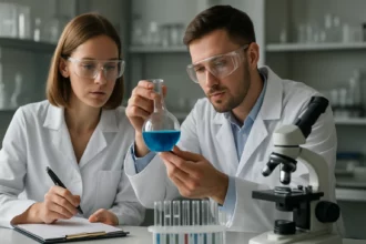 Két tudós laboratóriumi kísérletet végez, kémiai anyagokkal dolgoznak.