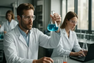 Laboratóriumi kutatás divinilén-oxiddal, kémikusok dolgoznak.