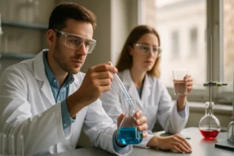 Két fiatal tudós laboratóriumban, kémiai kísérletet végeznek.