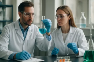 Két kémikus laboratóriumban kémiai kísérletet végez