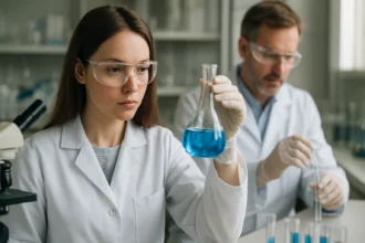 Két tudós laboratóriumi környezetben, dodecil-gallát kísérletével foglalkozva.