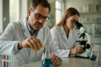 Kémiai laboratórium munkatársai vizsgálják a dodecil-benzolt.