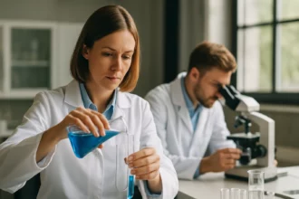 Kísérletező nő laboratóriumban dodekán vizsgálat során.