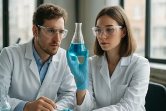 Kémikusok borkősavat vizsgálnak laboratóriumi környezetben