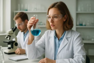 Laboratóriumi kutatás dodekánsavval, kék folyadékkal.