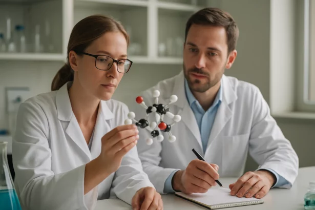 Két kutató kémiai molekulát vizsgál a laborban.