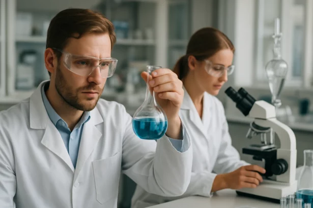 Két tudós kémiai kísérleteket végez laboratóriumban.