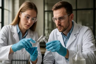 Két kutató hőmérsékletváltozást elemző kísérletet végez laboratóriumban.