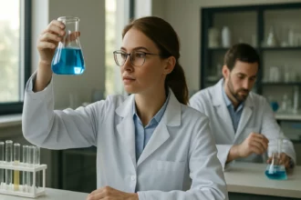 Kémikusok laboratóriumban, fényérzékenyített napelemek kutatásához