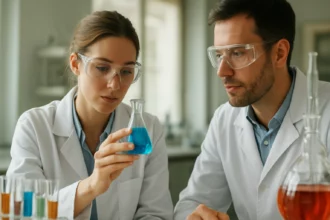 Két tudós a laborban, különböző kémiai anyagokkal dolgozik.