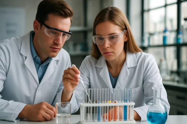 Két kutató laboratóriumi kísérletet végez duralumíniummal kapcsolatosan.