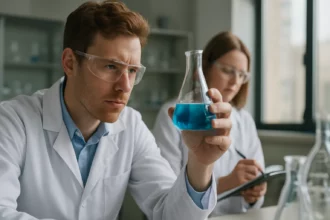 Kémiai kísérlet a laborban, festékréteges napelemek tanulmányozása.