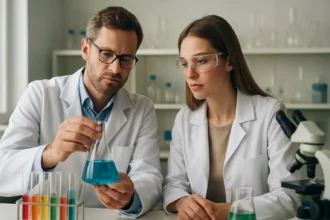 Laboratóriumi munkát végző tudósok ebulioszkópiával foglalkoznak.