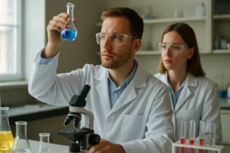 Két tudós laboratóriumban, nátrium-acetát vizsgálata.