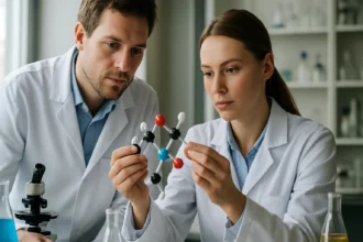 Két tudós ecetsav-etil-észter molekuláját elemzi laboratóriumi környezetben.