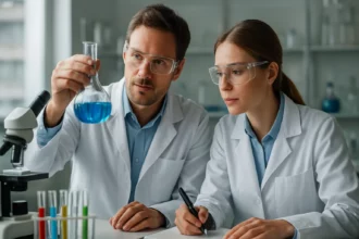 Két tudós laboratóriumban, kémiai kísérletet végeznek.