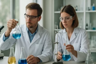 Két kutató különböző színű folyadékokat vizsgál egy laboratóriumban.