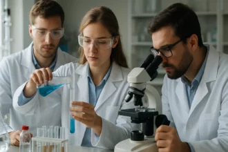 Kémikusok kísérleteznek a laborban, gázok effúzióját tanulmányozzák.