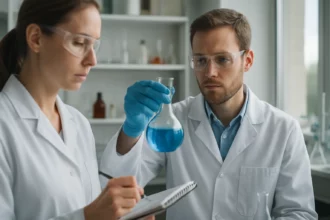 Két tudós kémiai kísérletet végez laboratóriumban.