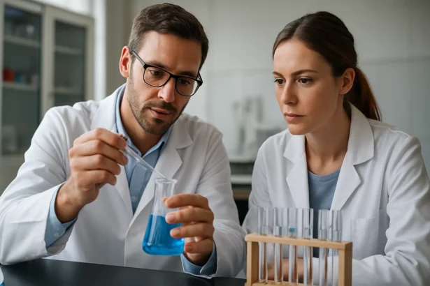 Kémikusok éghető folyadékokkal dolgoznak laboratóriumban.